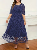 Black Plus Size Lace Embroidery Ruffled Hem Maxi Dress