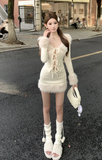 Stylish Cream Knit Set with Fur Trim and Lace - up Detail