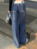 Blue Flipped Waist Design Loose Fit Straight Jeans