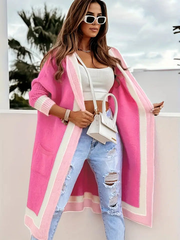 Color Block Open Front Knit Hooded Pink Long Sleeve Cardigan