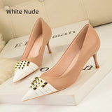 THIN HIGH HEEL POINTED RIVET COLOR MATCHING SHOES