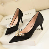 THIN HEELS POINTED PEARL RHINESTONE SHOES