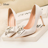 SATIN POINTED PEARL BOW HIGH HEELS