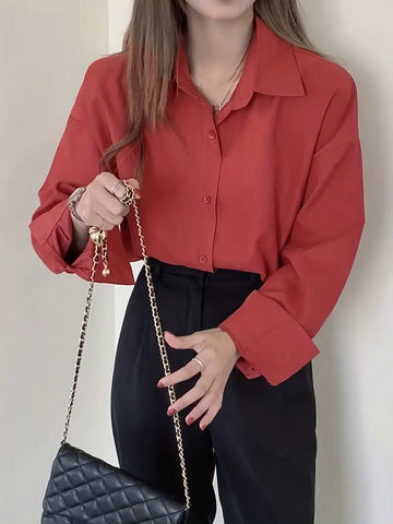 Versatile Red Casual Long Sleeve Button Shirt