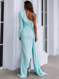 High Slit Sequins One-Shoulder Turquoise Party Dress