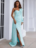 High Slit Sequins One-Shoulder Turquoise Party Dress
