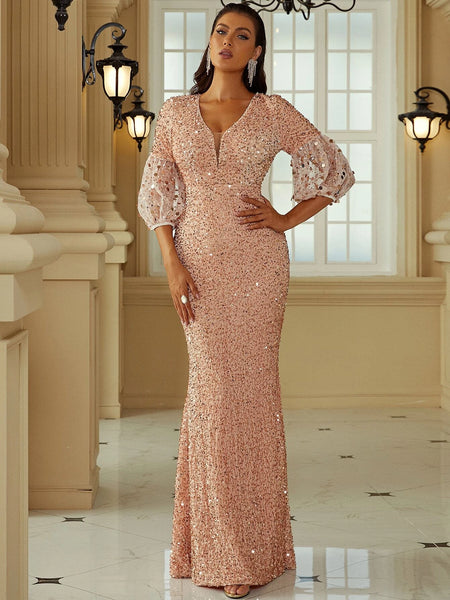 Rose Gold Sheer Sleeves V-Neckline Party Dress Ncocon Rose Gold Sheer Sleeves V-Neckline Party Dress Ncocon