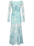 Fitted Floral Sheer Blue Maxi Dress