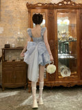 Ruffled Sleeves Oversized Bow Light Blue Bubble Dress