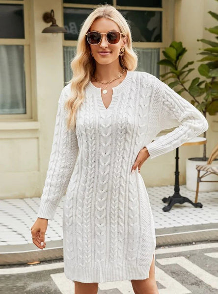 FASHION LONG SOLID COLOR SPLIT LOOSE TWISTED SWEATER DRESS