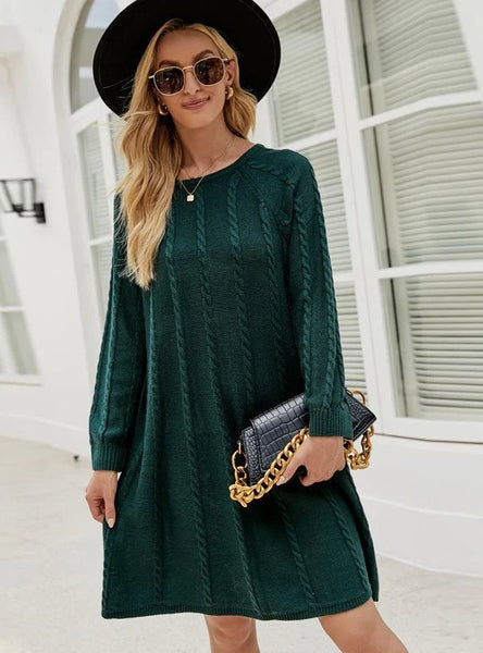 FASHION ROUND NECK TWISTED LOOSE LONG SWEATER DRESS