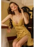 SEXY ICE SILK DRAWSTRING SPLIT SLING NIGHTGOWN