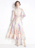 RETRO PRINTED LONG SLEEVE SILM WAIST DRESS