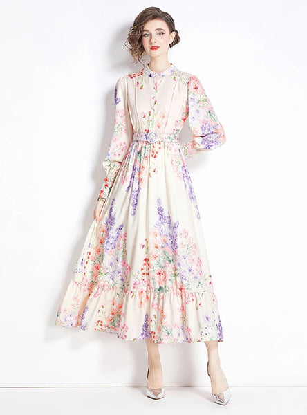 RETRO PRINTED LONG SLEEVE SILM WAIST DRESS