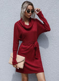 STYLISH PILE-COLLAR LONG SLEEVE SWEATER DRESS