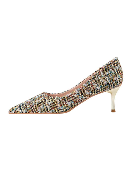 CHECKED HIGH-HEELED POINTED SHOES