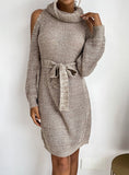 FASHION OPENWORK TURTLE NECK SWEATER DRESS