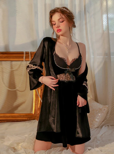 SEXY VELVET SUSPENDER LACE SPLICING SUIT