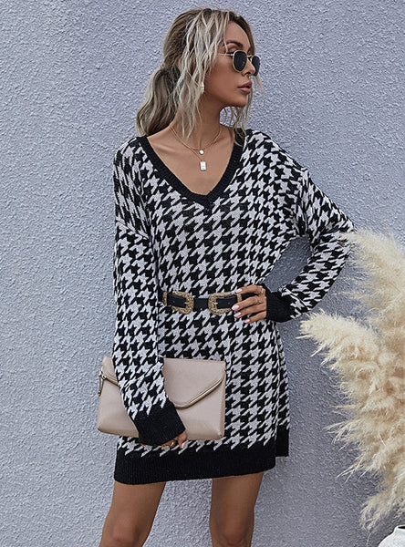 STYLISH VINTAGE V-NECK KNITTED SWEATER DRESS