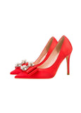 SATIN POINTED PEARL BOW HIGH HEELS