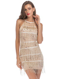FRINGED SEQUINED SUSPENDER BACKLESS DRESS