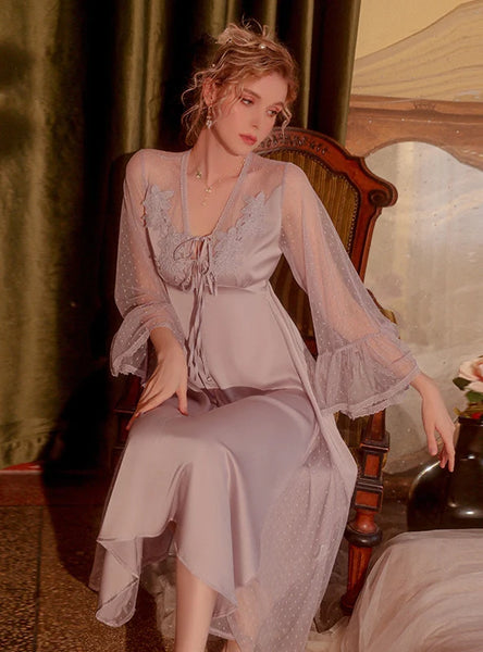 SEXY SATIN PERSPECTIVE GAUZE STITCHING NIGHTDRESS