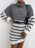 FASHION LOOSE STRIPED STITCHING CONTRAST TURTLE NECK DRESS