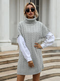 FASHION SOLID COLOR TWIST KNITTED TURTLENECK VEST SWEATER DRESS