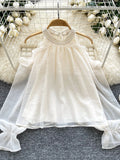 Pearl Embellished Collar Bow Sleeves White Gauze Dress