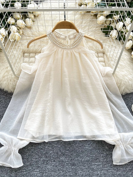 Pearl Embellished Collar Bow Sleeves White Gauze Dress