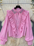 Long Sleeve Pink Striped Ruffle Blouse