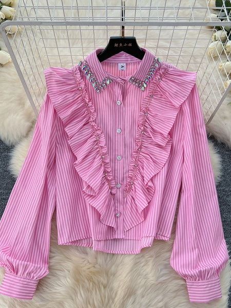 Long Sleeve Pink Striped Ruffle Blouse