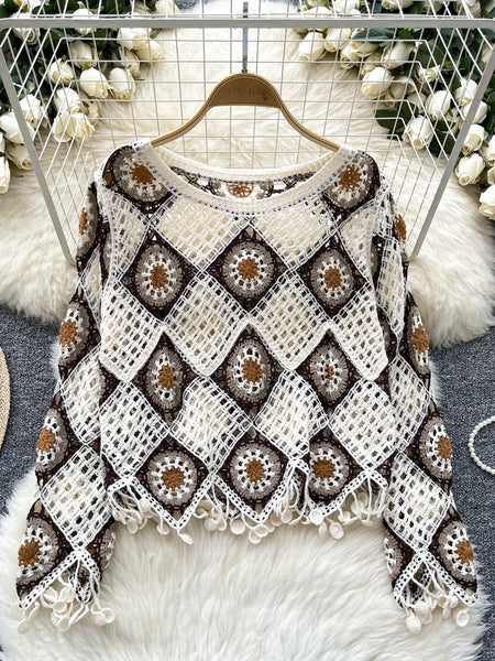 Earth-Toned Squares Open-Knit Crochet Blouse