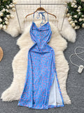 Halter Alluring Side Slit Blue Floral Dress