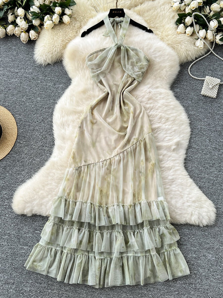 Ruffles Soft Pastel Hues Halter Neck Maxi Dress