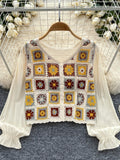 Colorful Square Billowing Sleeve Crochet Blouse