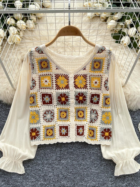 Colorful Square Billowing Sleeve Crochet Blouse