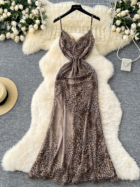 Leopard Print Ruched Spaghetti Strapped Maxi Dress