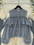 Feminine Ruffles Gingham Dress Shirt