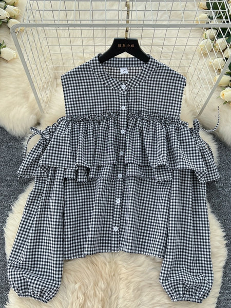 Feminine Ruffles Gingham Dress Shirt