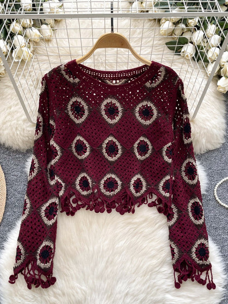 Geometric Patterns Burgundy Crochet Top