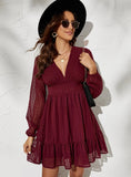 Women Casual V Neck Lantern Sleeve Dress