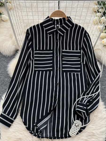 Striped Elegance Black Long Sleeve Shirt