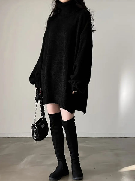 Long Sleeve Black Turtle Neck Oversized Sweater Dress