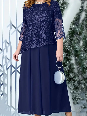 Plus Size Floral Jacquard Lace Layered Half Sleeve Dress