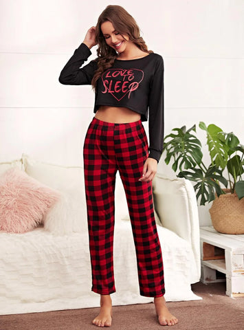 FASHION EXPOSED NAVEL LONG-SLEEVED TROUSERS CASUAL PAJAMAS