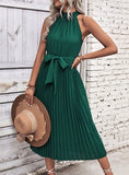 MID-LENGTH PLEATED HALTER DRESS
