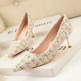 CHECKED HIGH-HEELED POINTED SHOES
