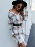 FASHION V-NECK LONG SLEEVE PULLOVER PLAID LONG SWEATER