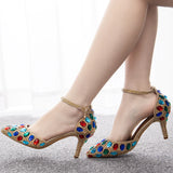 THIN-HEELED COLORED RHINESTONE HIGH-HEELED SANDALS